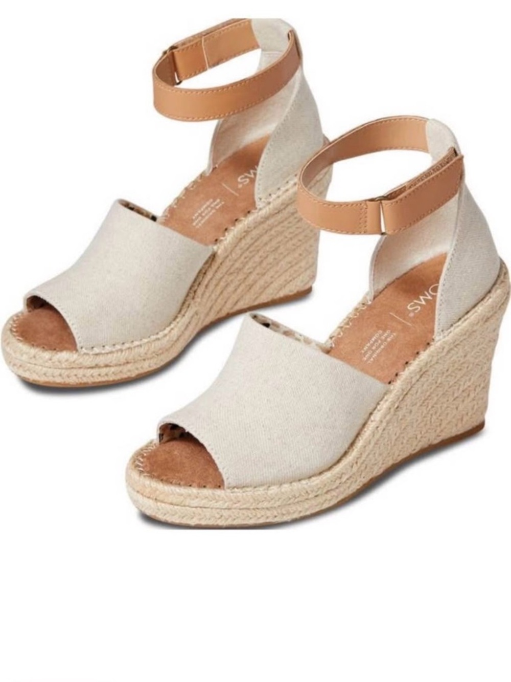 Toms Beige Canvas Espadrille Wedge Sandals with Tan Ankle Strap